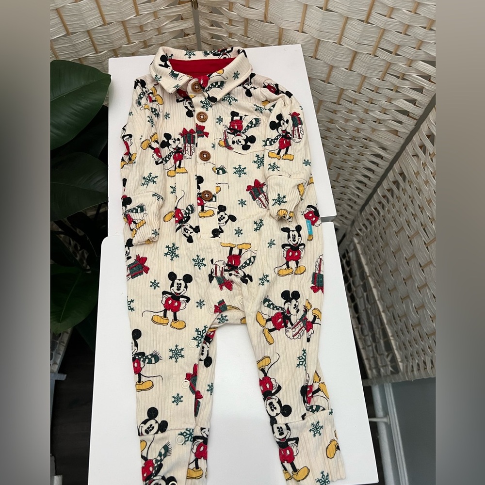 Posh Peanut Disney Mickey Mouse Holiday Long Sleeve Collared Henley Romper.